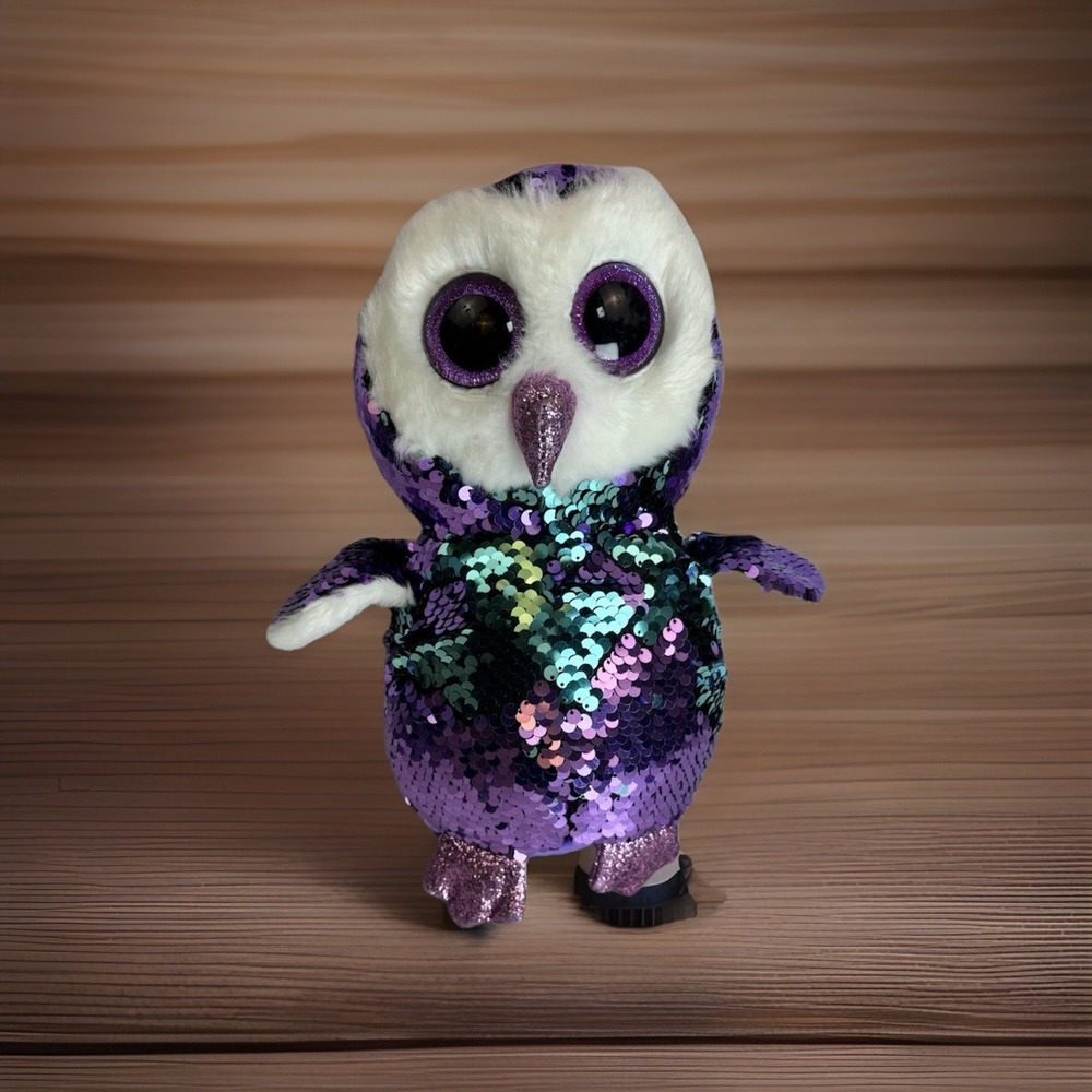 Ty BeanieBoos Flippables‎ 10" Moonlight Owl Color Changing Sequins Plush Purple